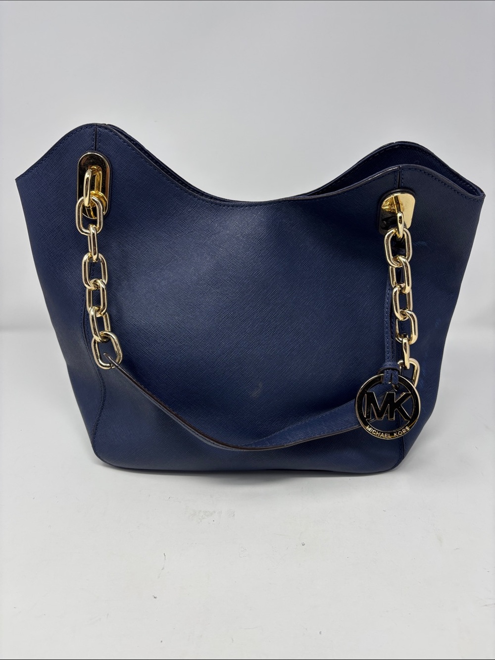 Michael Kors Classic Navy Shoulder Tote with Gold Chain Accents